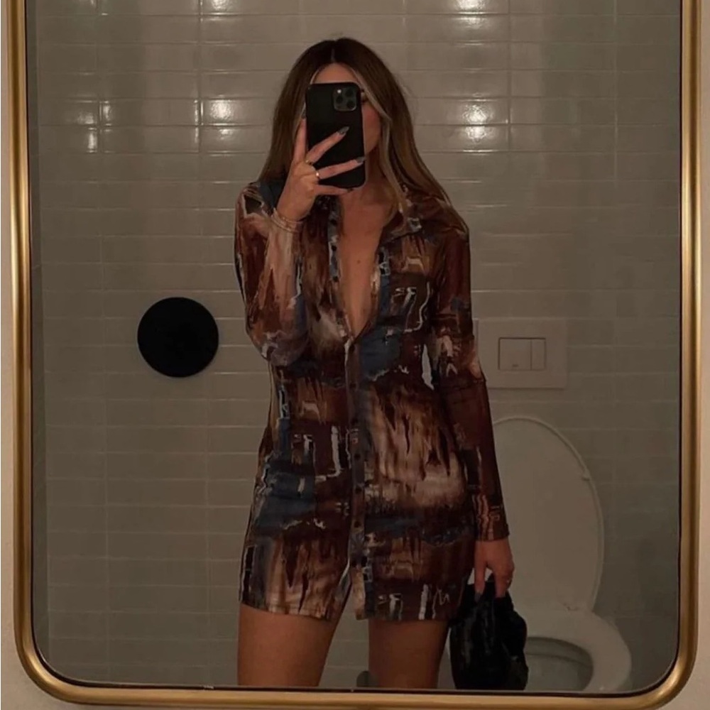 12th Tribe Brown Print Button Up Mesh Dress